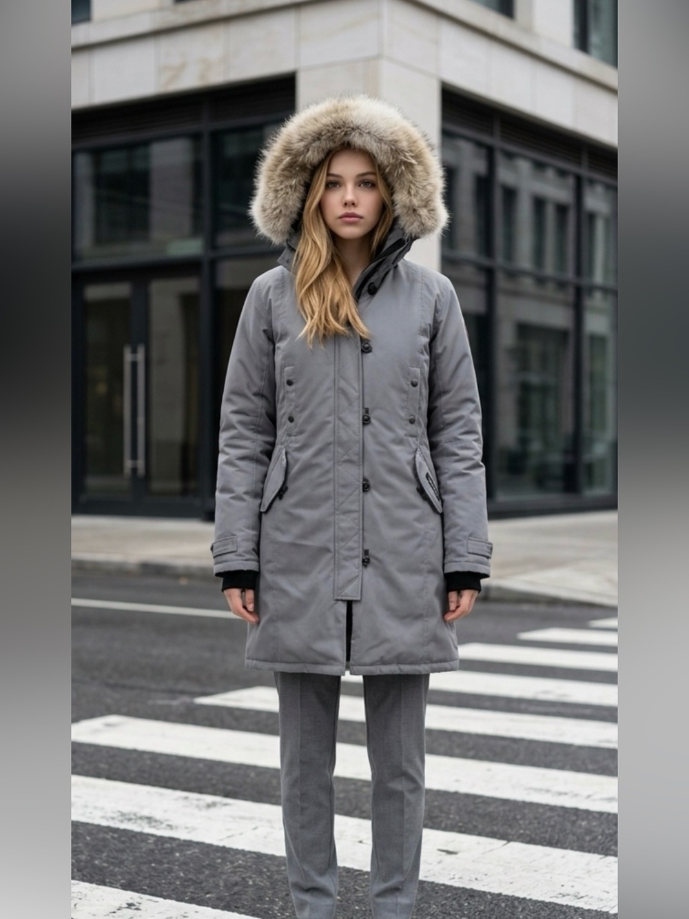 Women's Gray Parka with Faux Fur Hood